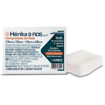 COMPRESSA DE GAZE HERIKA 7,5CMX7,5CM 09 FIOS C/ 10 - AMED