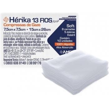 COMPRESSA DE GAZE HERIKA 7,5CM X 7,5CM 13 FIOS COM 10 - AMED