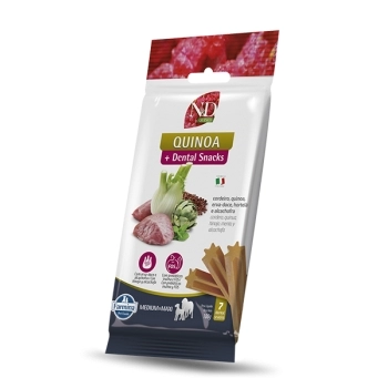 ND QUINOA DENTAL SNACK CÃES ADULTOS MEDIUM & MAXI CORDEIRO, QUINOA, ERVA-DOCE, HORTELÃ E ALCACHOFRA 100GR - FARMINA