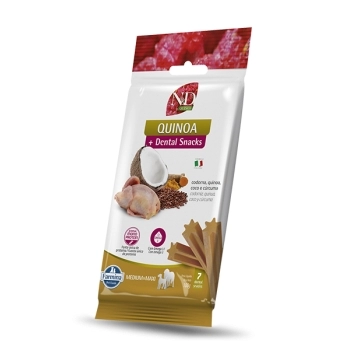 ND QUINOA DENTAL SNACK CÃES ADULTOS MEDIUM & MAXI CODORNA, QUINOA, COCO E CÚRCUMA 100GR - FARMINA