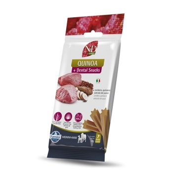 ND QUINOA DENTAL SNACK CÃES ADULTOS MEDIUM E MAXI CORDEIRO, QUINOA E YUCCA 100GR - FARMINA