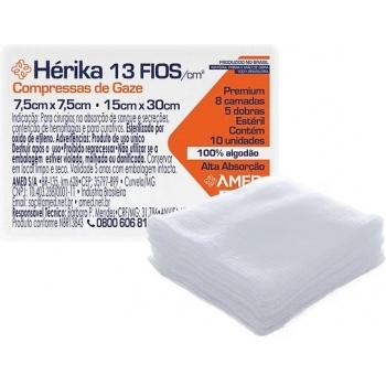 COMPRESSA DE GAZE HERIKA 7,5CM X 7,5CM 13 FIOS COM 10 - AMED