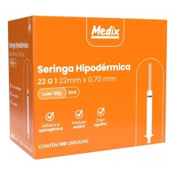SERINGA DESCARTAVEL 3ML COM AGULHA 0,7 X 25 LUER SLIP - MEDIX