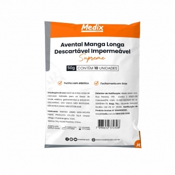 AVENTAL DESCARTÁVEL IMPERMEÁVEL MANGA LONGA 50G PACOTE COM 10 UNIDADES - MEDIX